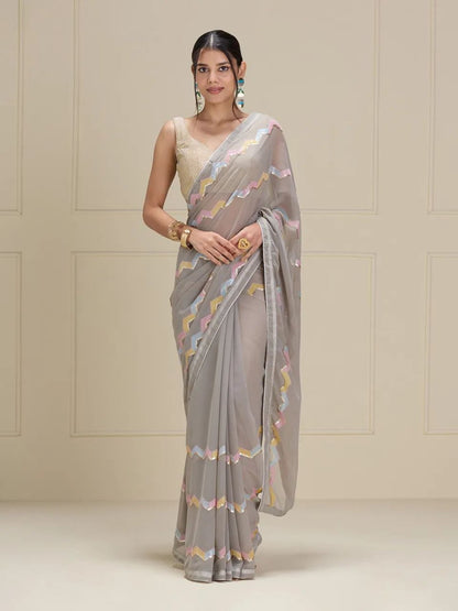 Silver Multi Sequence Work Georgette Saree - Femenica