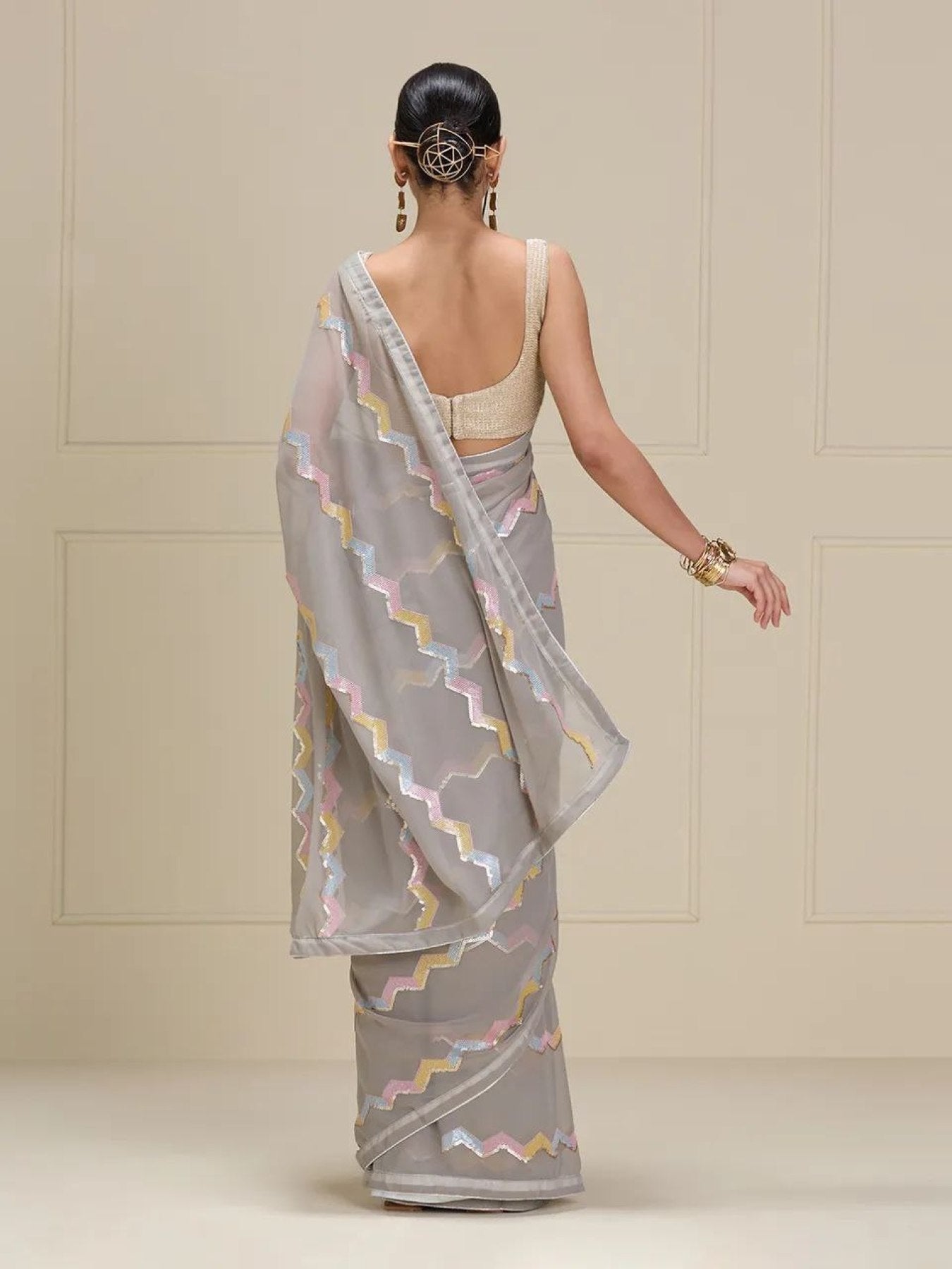 Silver Multi Sequence Work Georgette Saree - Femenica