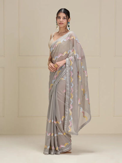 Silver Multi Sequence Work Georgette Saree - Femenica