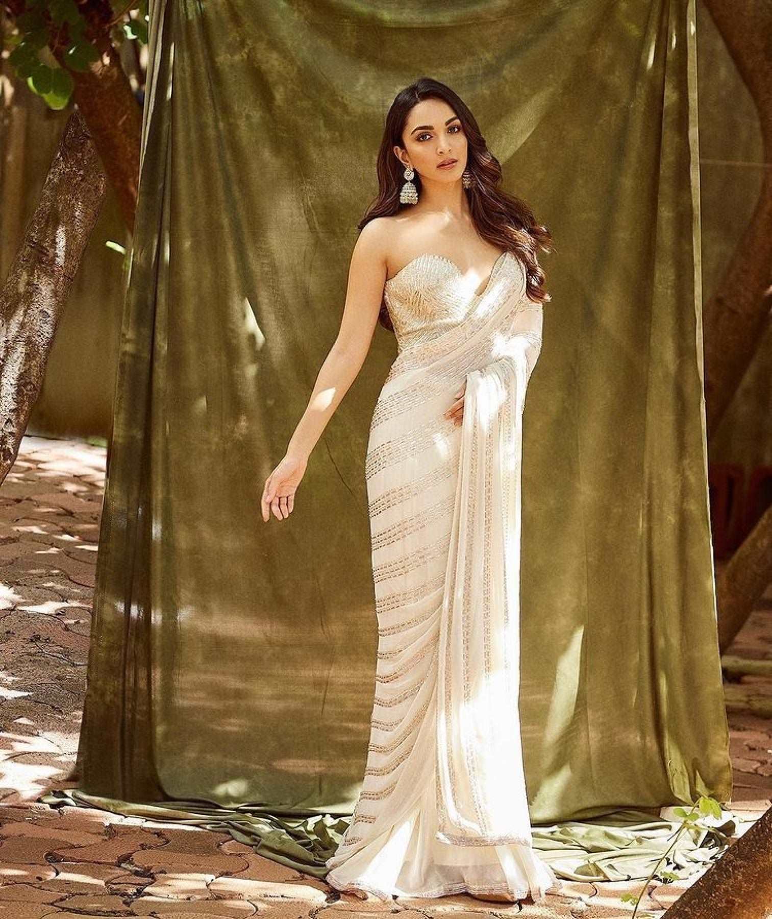 Kiara Advani Inspired White Georgette Embroidered Saree - Femenica