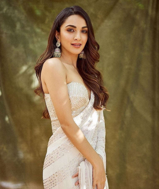 Kiara Advani Inspired White Georgette Embroidered Saree - Femenica