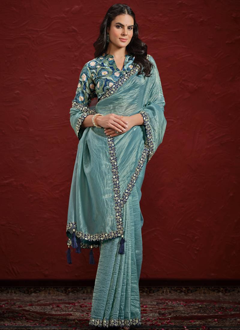 Green Natural Crepe Georgette Silk Sequence with Handwork Saree