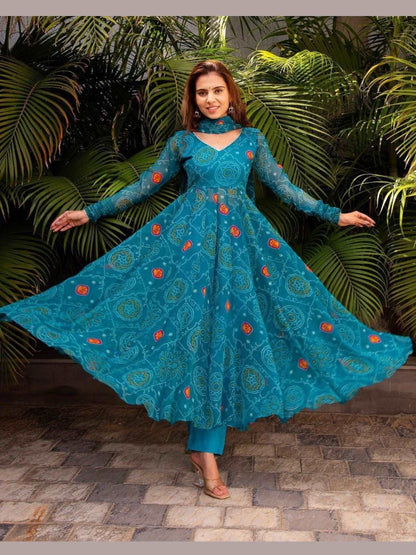 Indian Georgette Teal Blue Color Anarkali Gown - Femenica