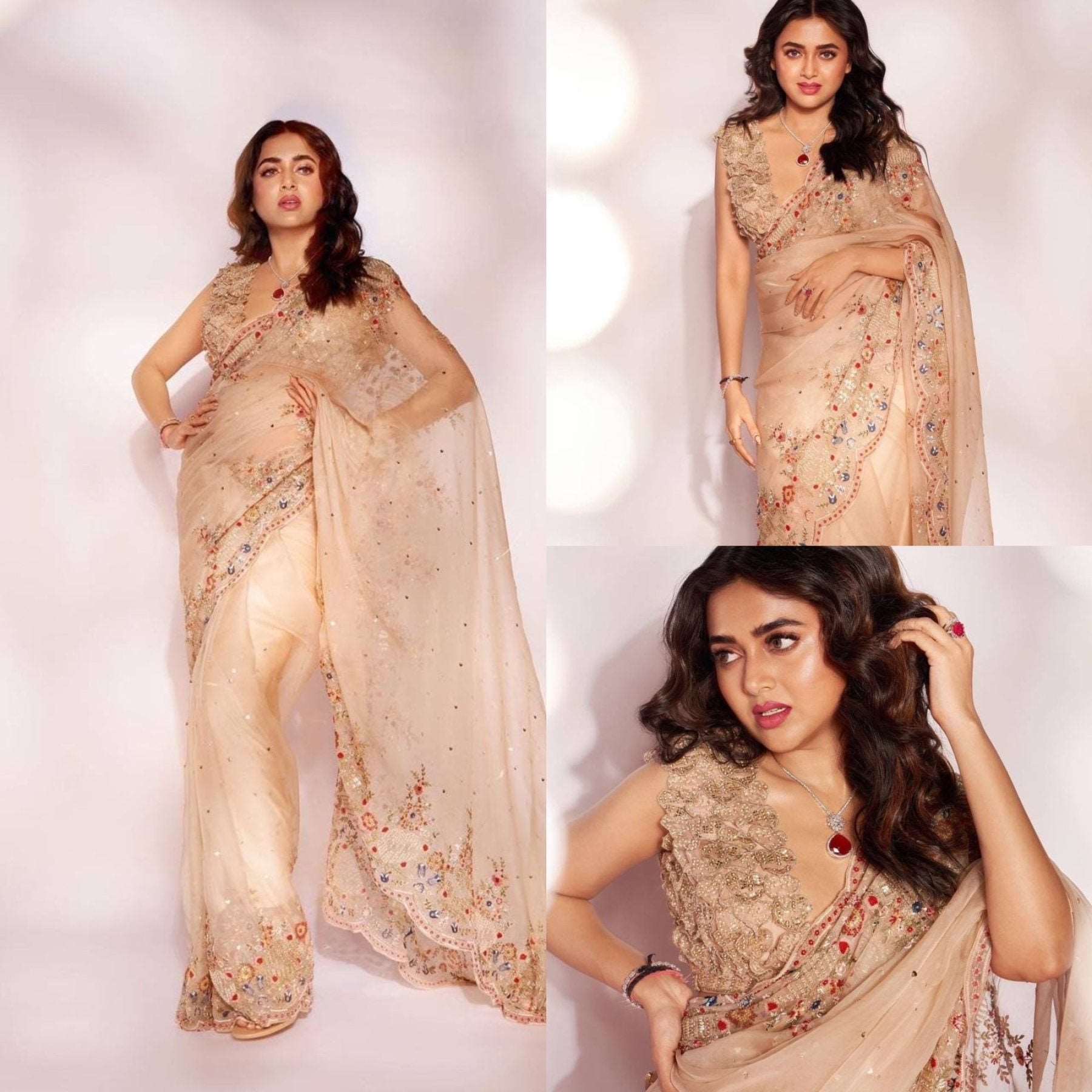 Tejasswi Prakash Inspired Embroidered Organza Golden Saree - Femenica