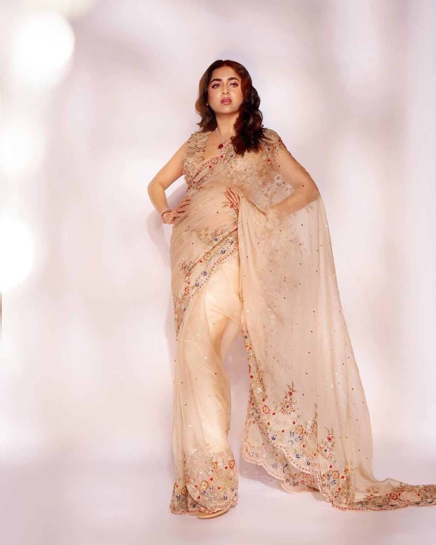 Tejasswi Prakash Inspired Embroidered Organza Golden Saree - Femenica