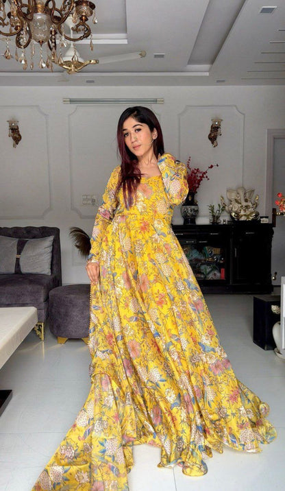 Yellow Silk Organza Floral Printed Anarkali Kurti Set - Femenica