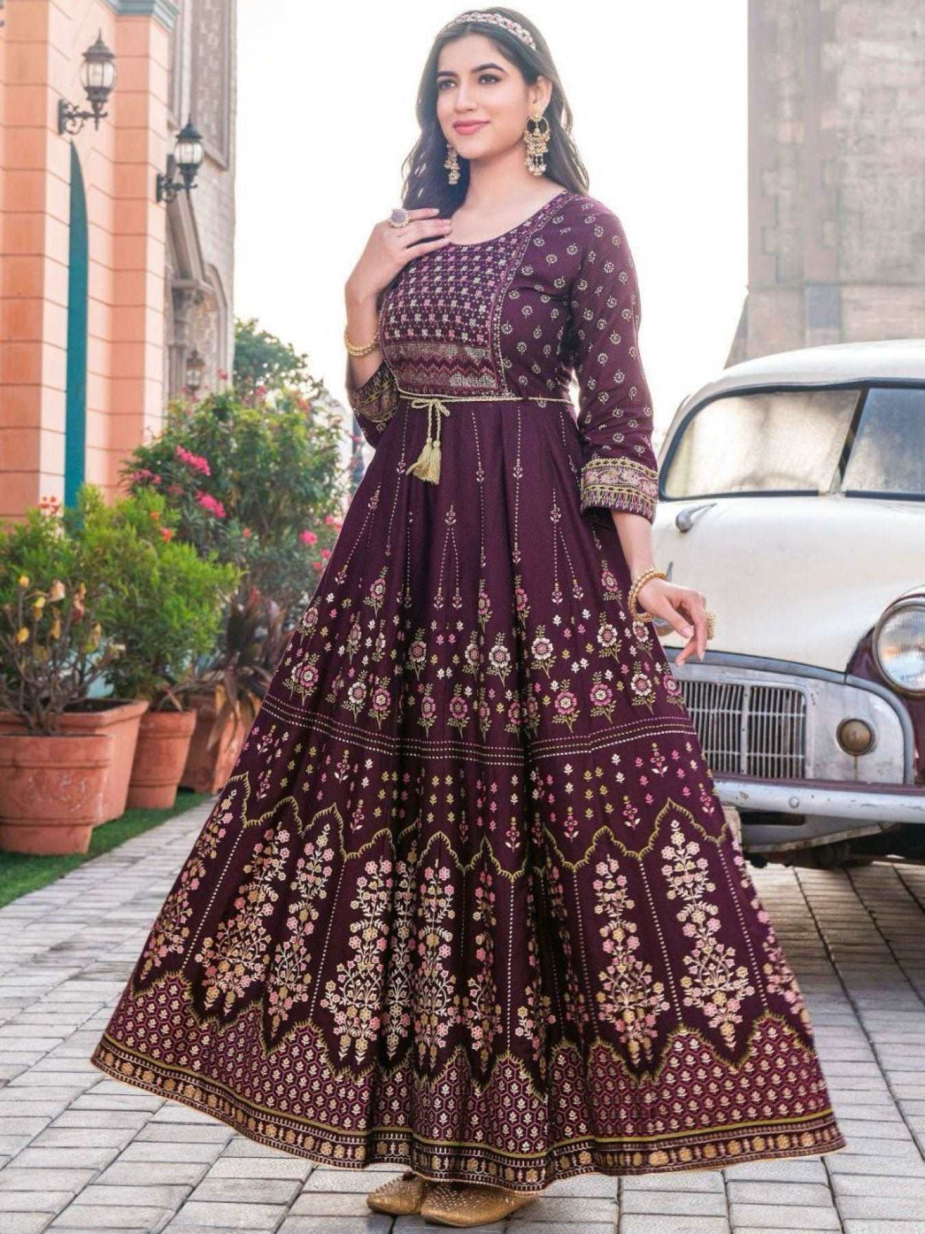 Long Anarkali Gown with Embroidery Work - Femenica