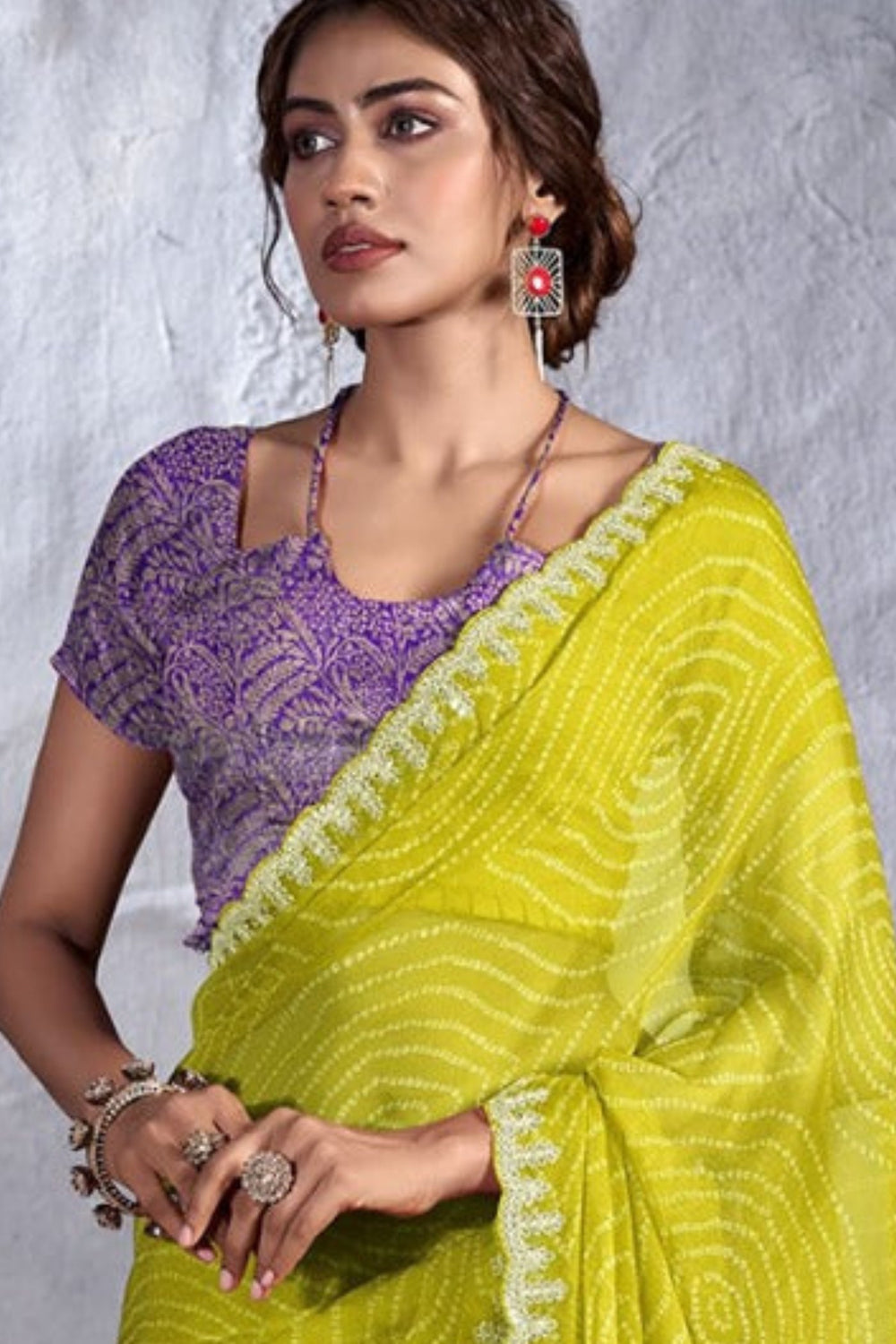 Women's Designer Party Wear Neon Yellow Bandhani Soft Georgette Saree - Femenica