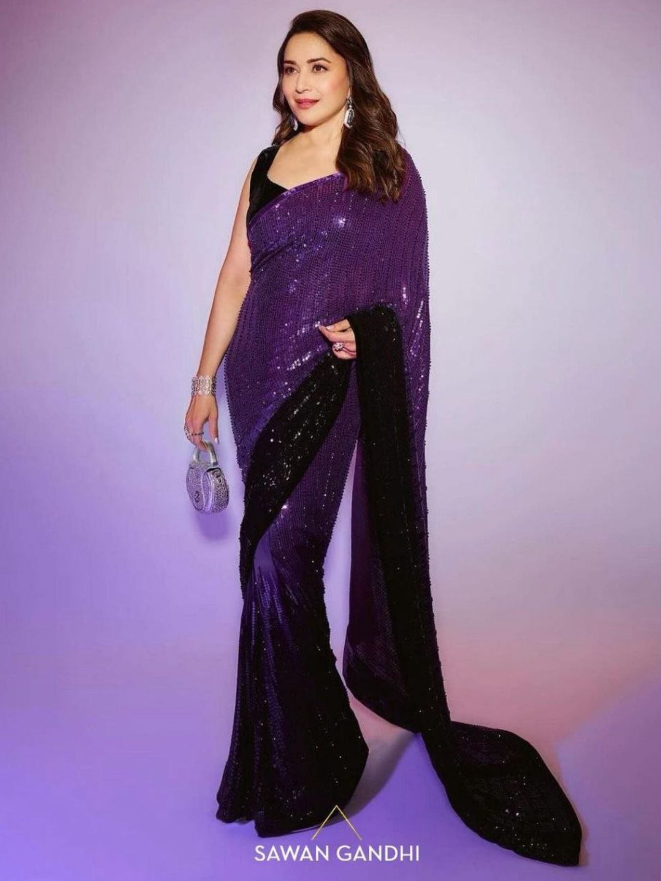 Madhuri Dixit Inspired Purple Georgette Saree - Femenica