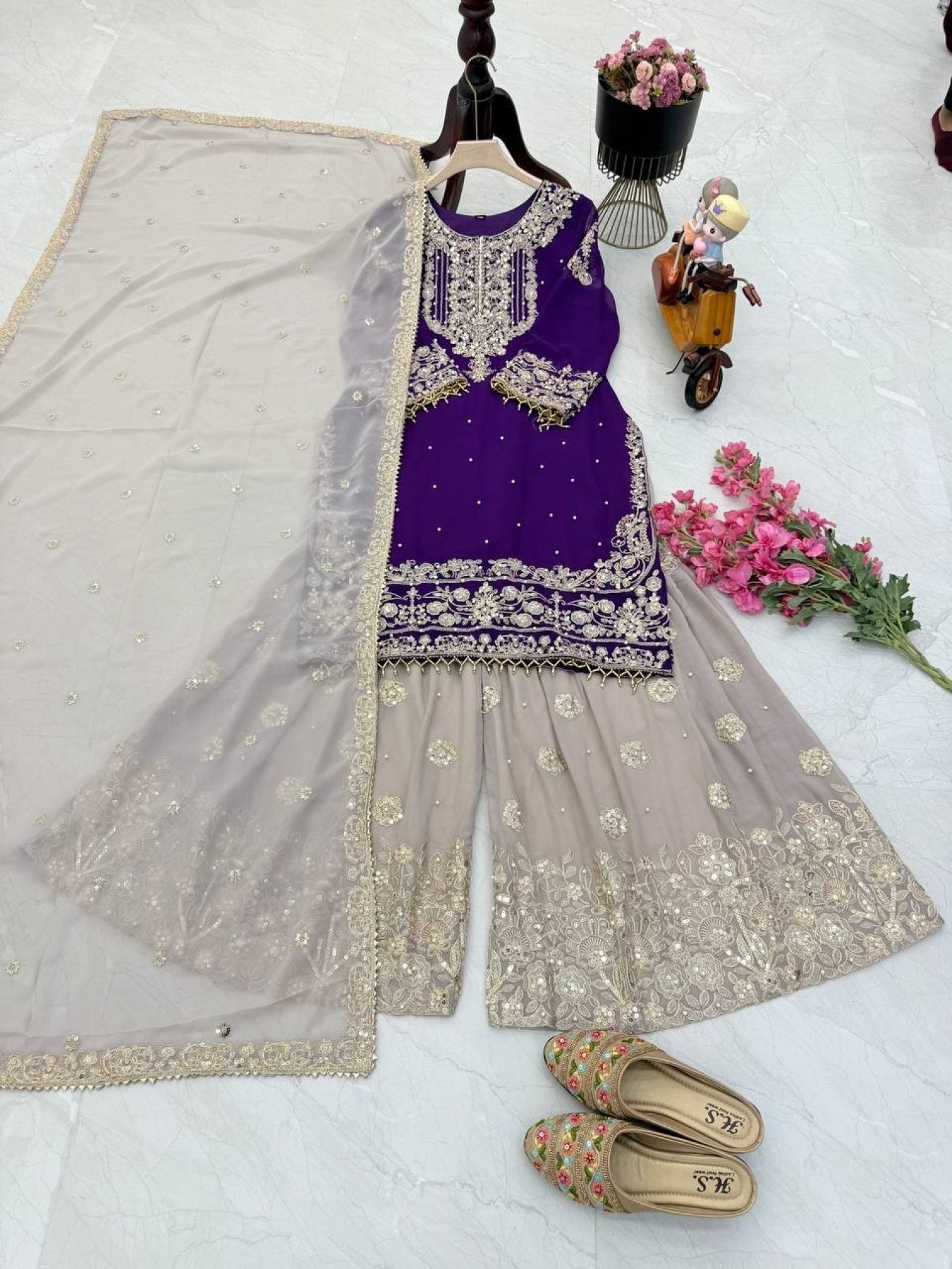 Premium Fox Georgette Party Wear Suit Set with Sharara Dupatta Stunning Embroidery Sequins Mirror & Lace Detailing - Femenica