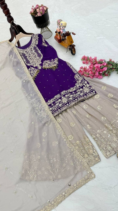 Premium Fox Georgette Party Wear Suit Set with Sharara Dupatta Stunning Embroidery Sequins Mirror & Lace Detailing - Femenica