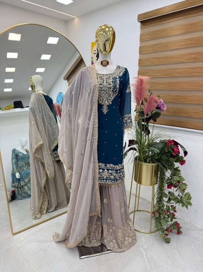 Premium Fox Georgette Party Wear Suit Set with Sharara Dupatta Stunning Embroidery Sequins Mirror & Lace Detailing - Femenica