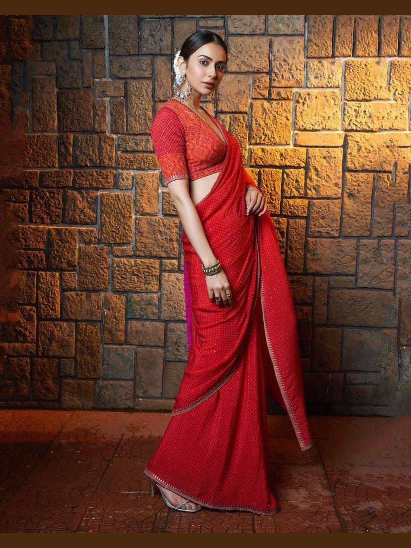 Rakul Preet Singh Inspired Embroidered and Mirror Work Red Georgette Saree - Femenica