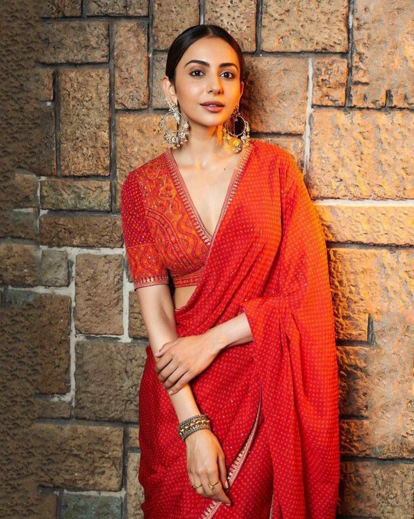 Rakul Preet Singh Inspired Embroidered and Mirror Work Red Georgette Saree - Femenica