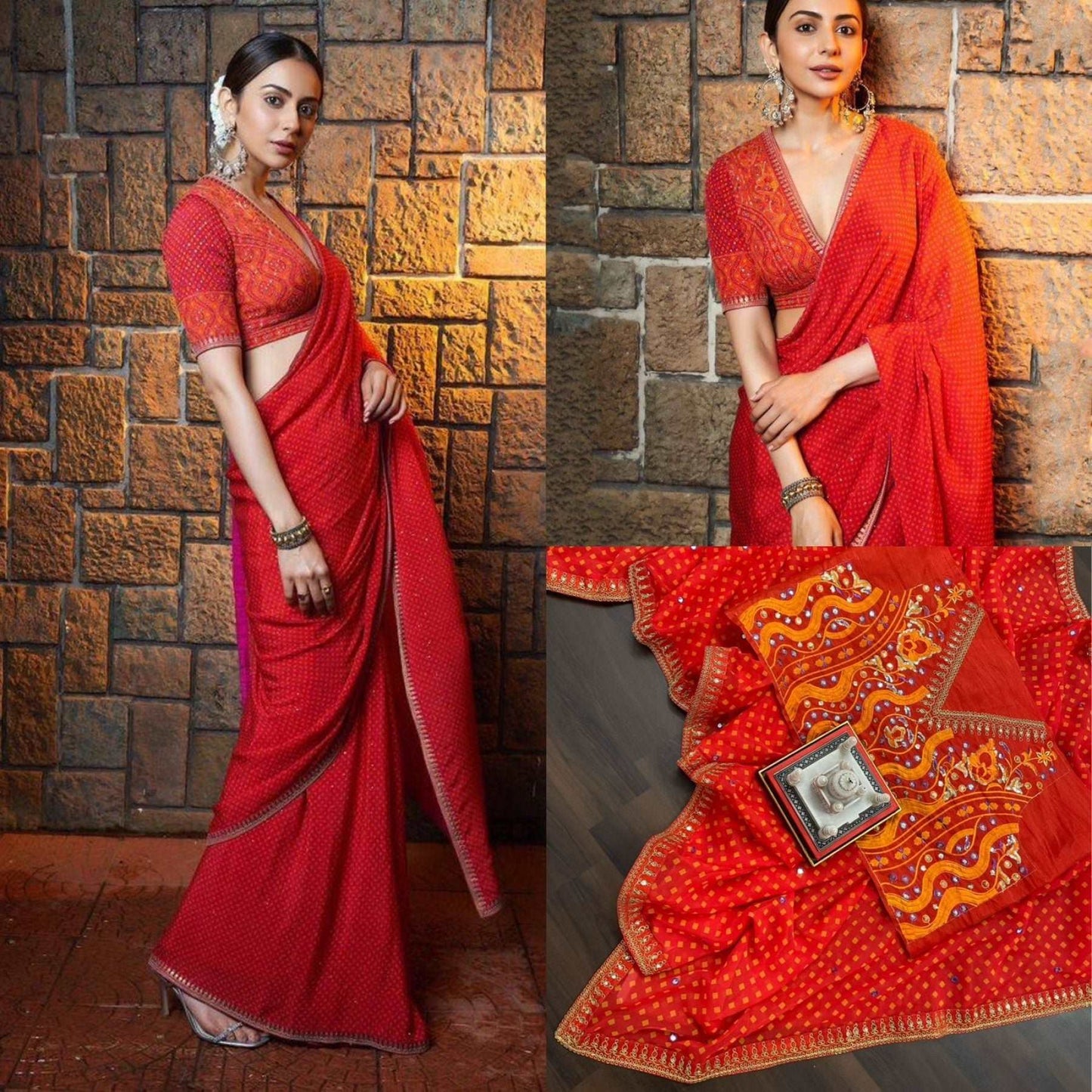 Rakul Preet Singh Inspired Embroidered and Mirror Work Red Georgette Saree - Femenica