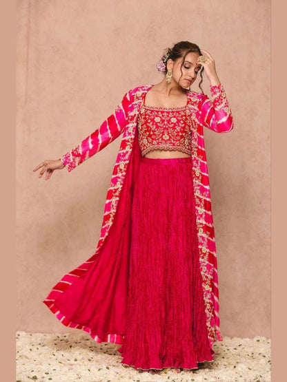 Pink Georgette Shrug Party Wear Lehenga With Koti - Femenica