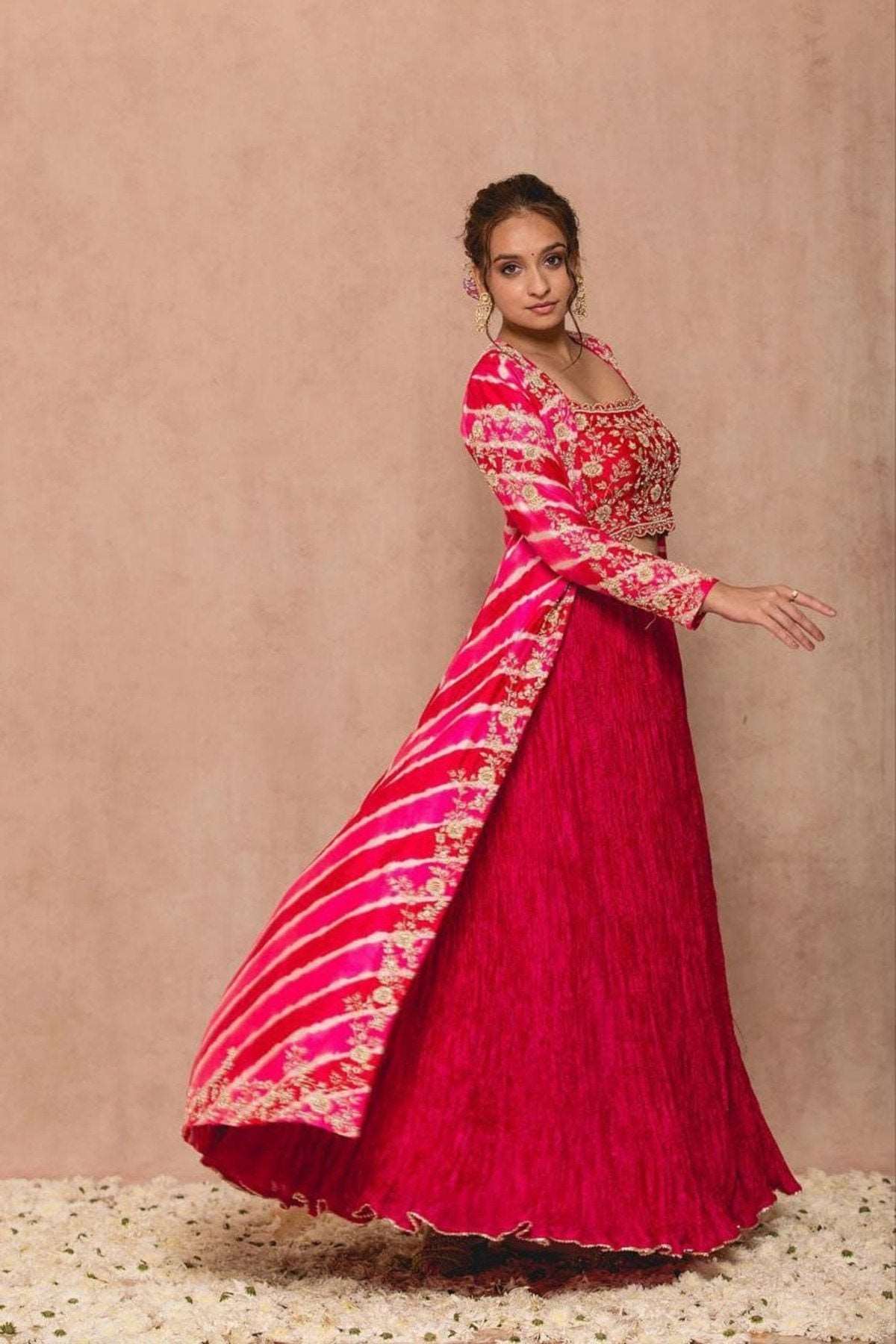 Pink Georgette Shrug Party Wear Lehenga With Koti - Femenica