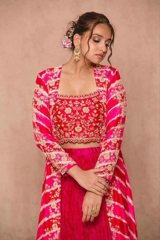 Pink Georgette Shrug Party Wear Lehenga With Koti - Femenica