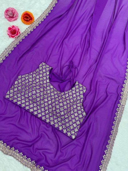 Party Wear Blue Silk Embroidered Saree - Femenica