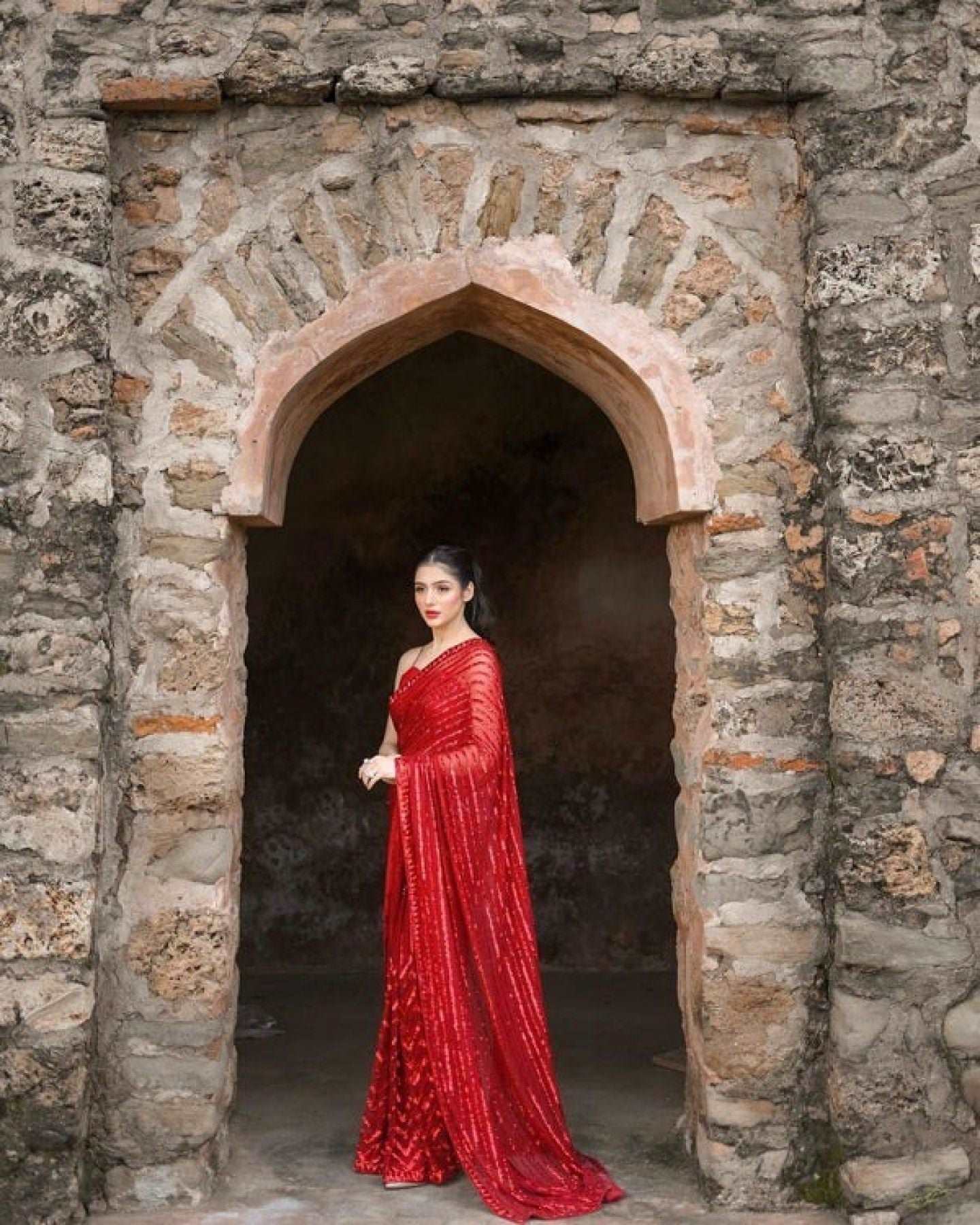 Party Wear Red Saree With Blouse Indian Sabyasachi Saree - Femenica