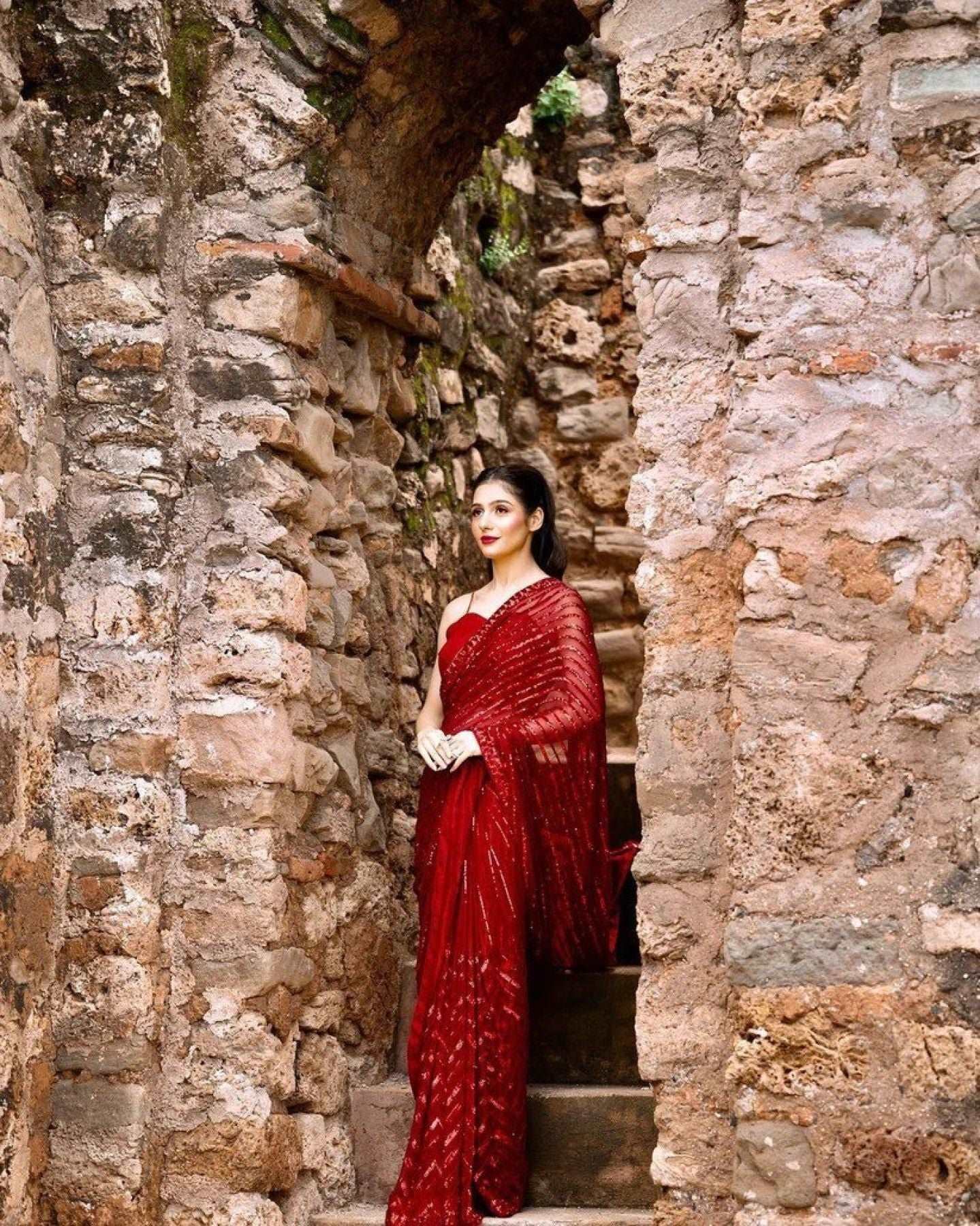 Party Wear Red Saree With Blouse Indian Sabyasachi Saree - Femenica