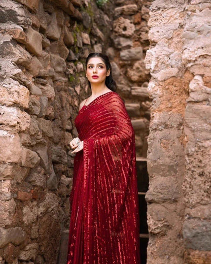 Party Wear Red Saree With Blouse Indian Sabyasachi Saree - Femenica