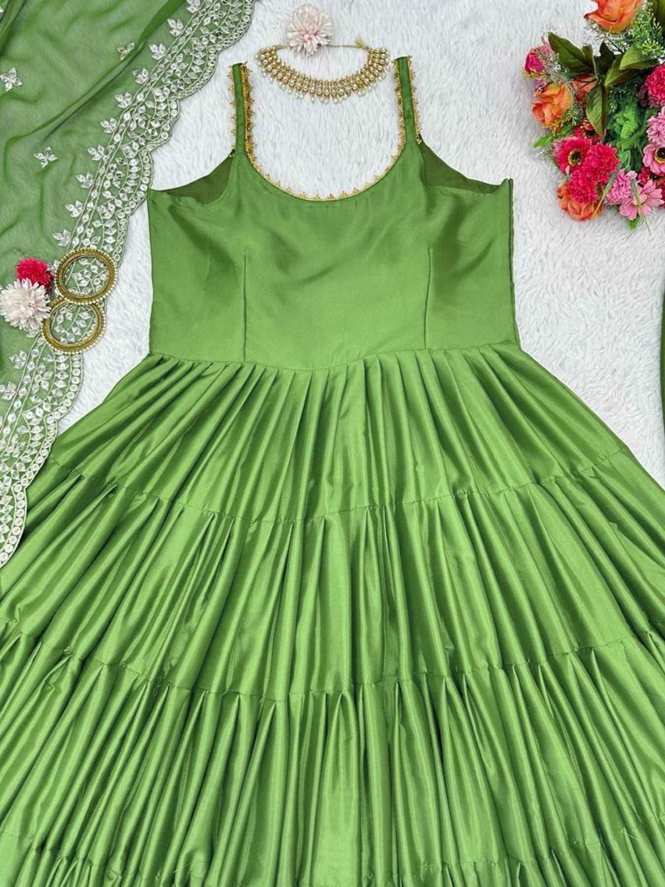 Pista Green Fancy Anarkali Kurti With Dupatta - Femenica