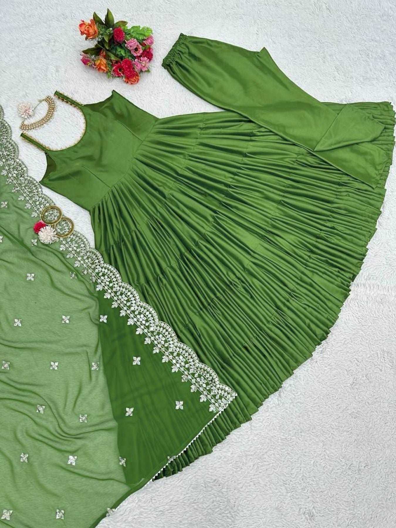 Pista Green Fancy Anarkali Kurti With Dupatta - Femenica