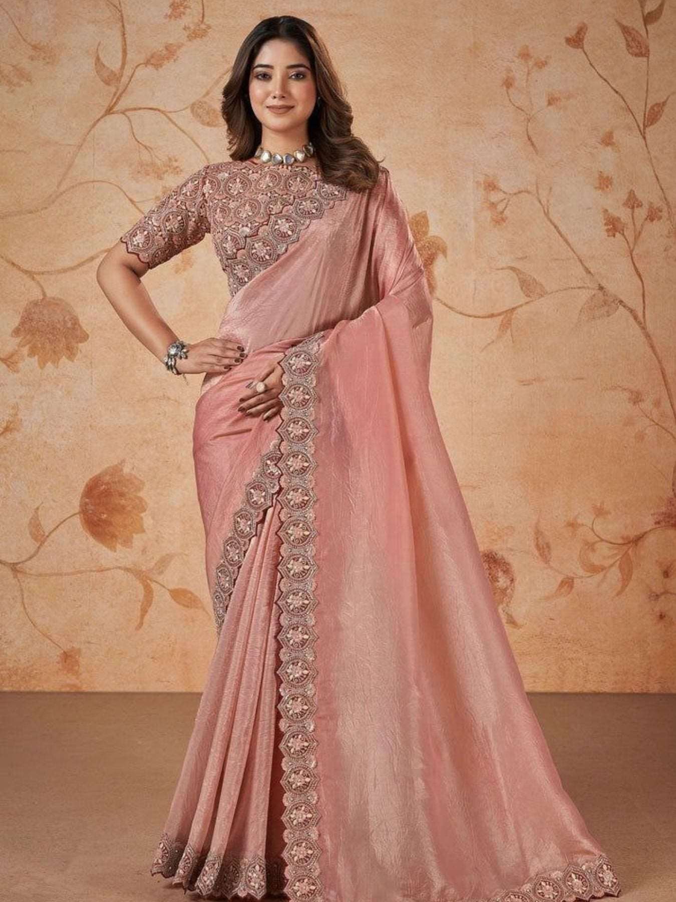 Chinon Silk Pink Saree With Sequence Work - Femenica