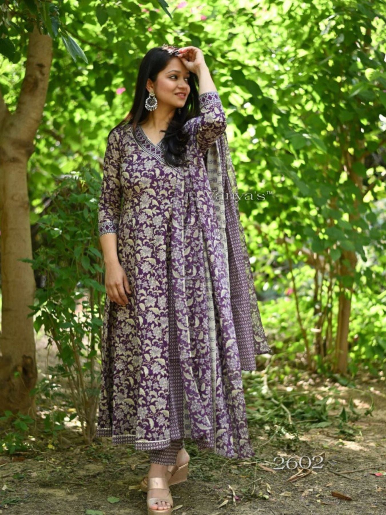 Purple Cotton Anarkali Kurti With Heavy Neckline - Femenica