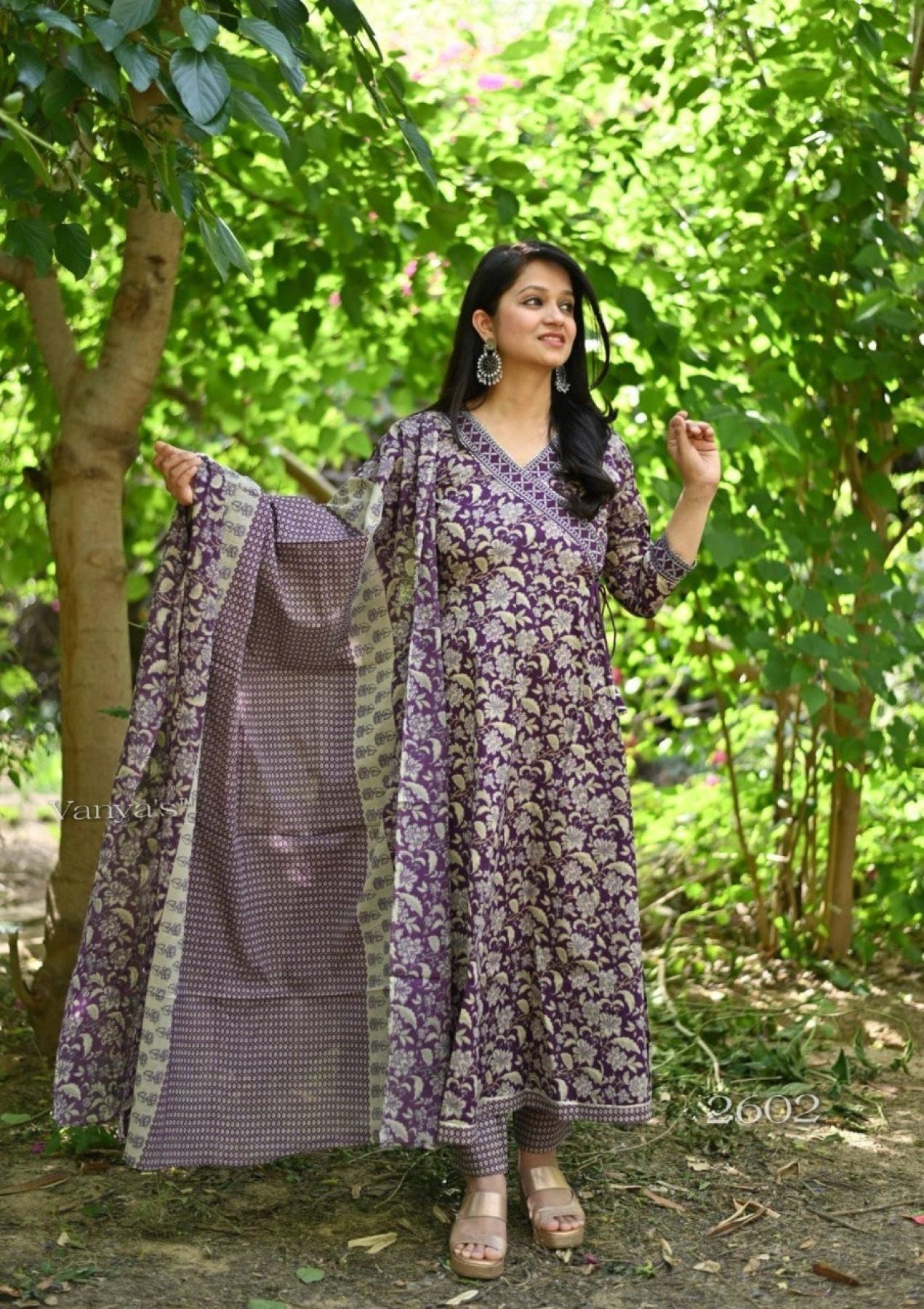 Purple Cotton Anarkali Kurti With Heavy Neckline - Femenica