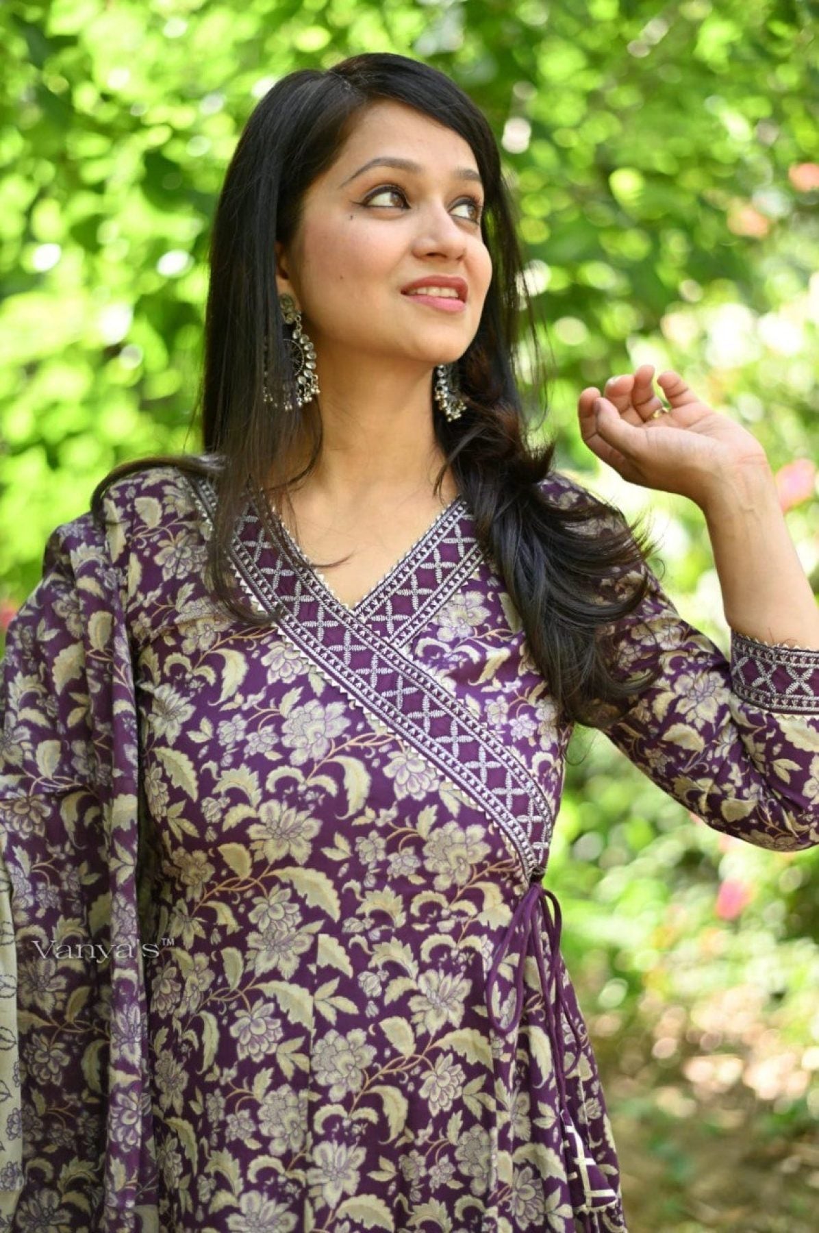 Purple Cotton Anarkali Kurti With Heavy Neckline - Femenica