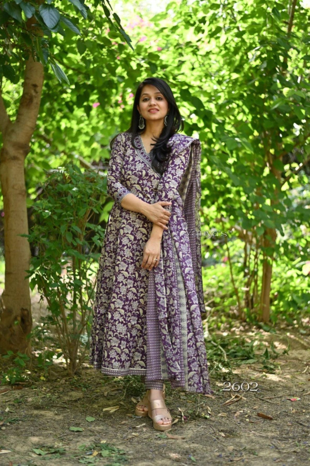 Purple Cotton Anarkali Kurti With Heavy Neckline - Femenica