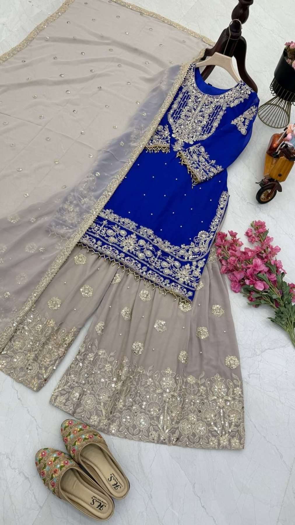 Premium Fox Georgette Party Wear Suit Set with Sharara Dupatta Stunning Embroidery Sequins Mirror & Lace Detailing - Femenica