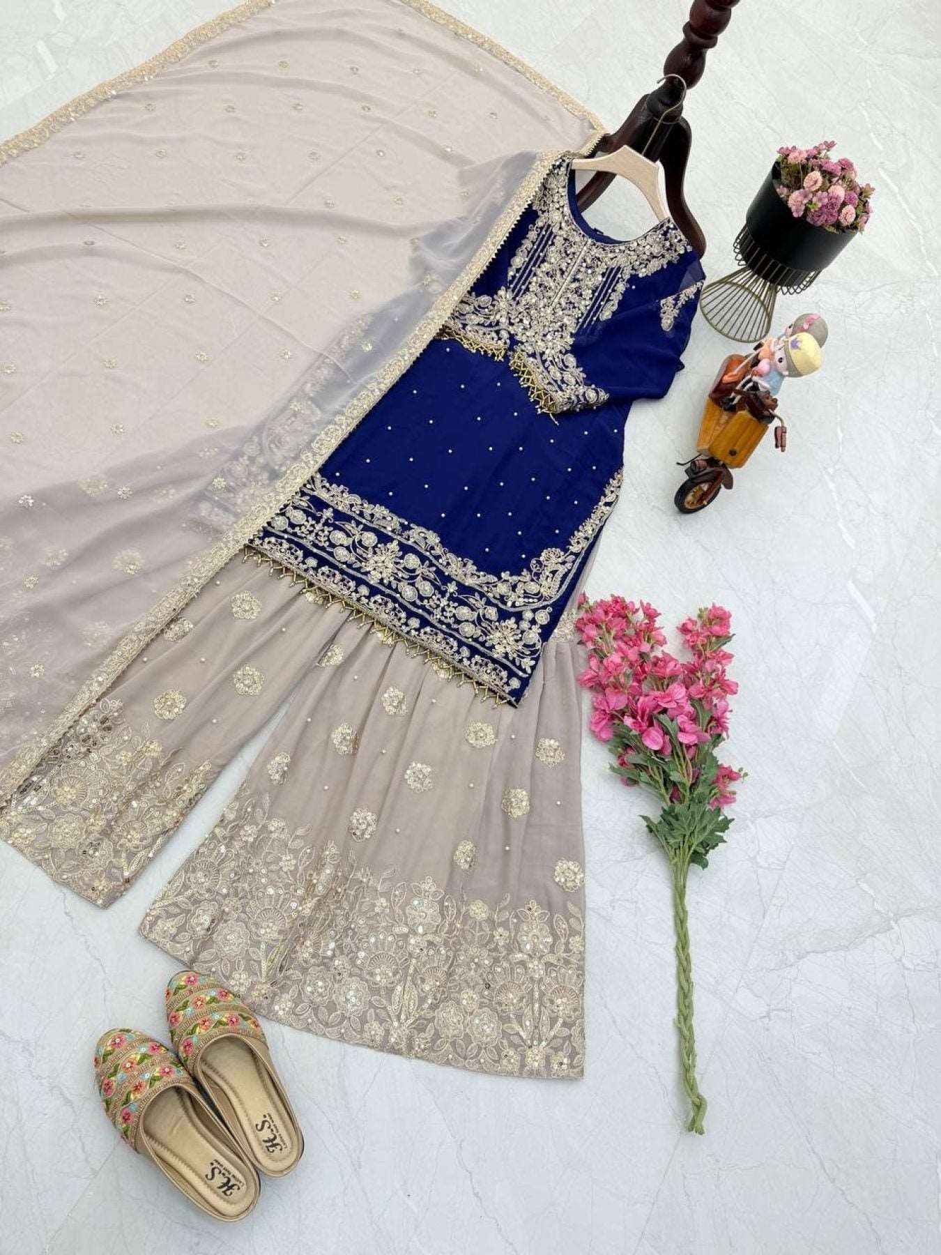 Premium Fox Georgette Party Wear Suit Set with Sharara Dupatta Stunning Embroidery Sequins Mirror & Lace Detailing - Femenica