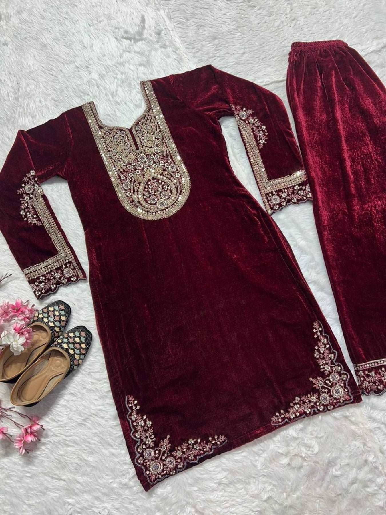 Designer Heavy Velvet Pakistani Suit with Sequin Embroidery - Femenica