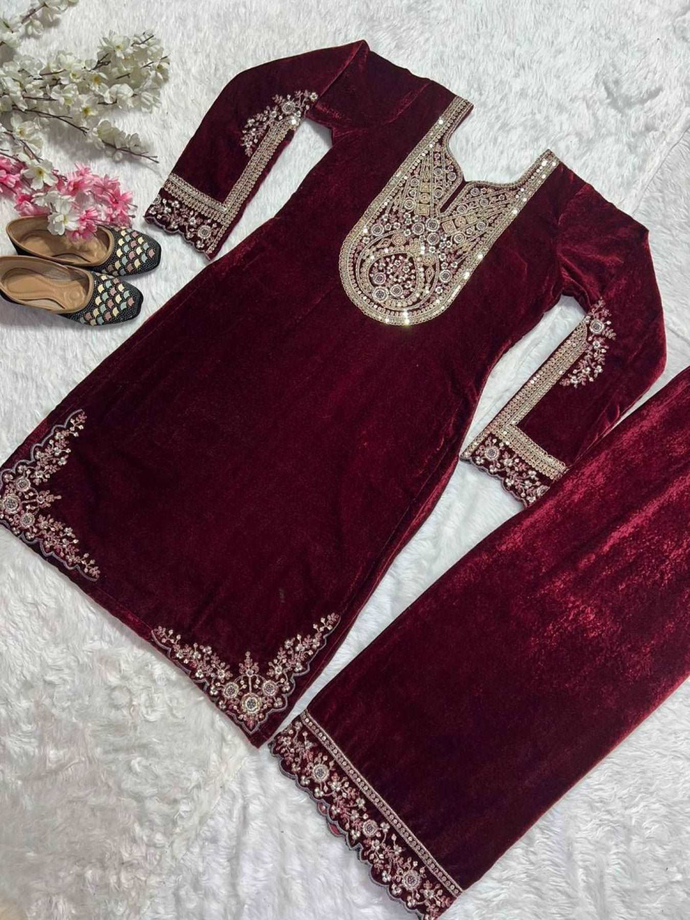 Designer Heavy Velvet Pakistani Suit with Sequin Embroidery - Femenica