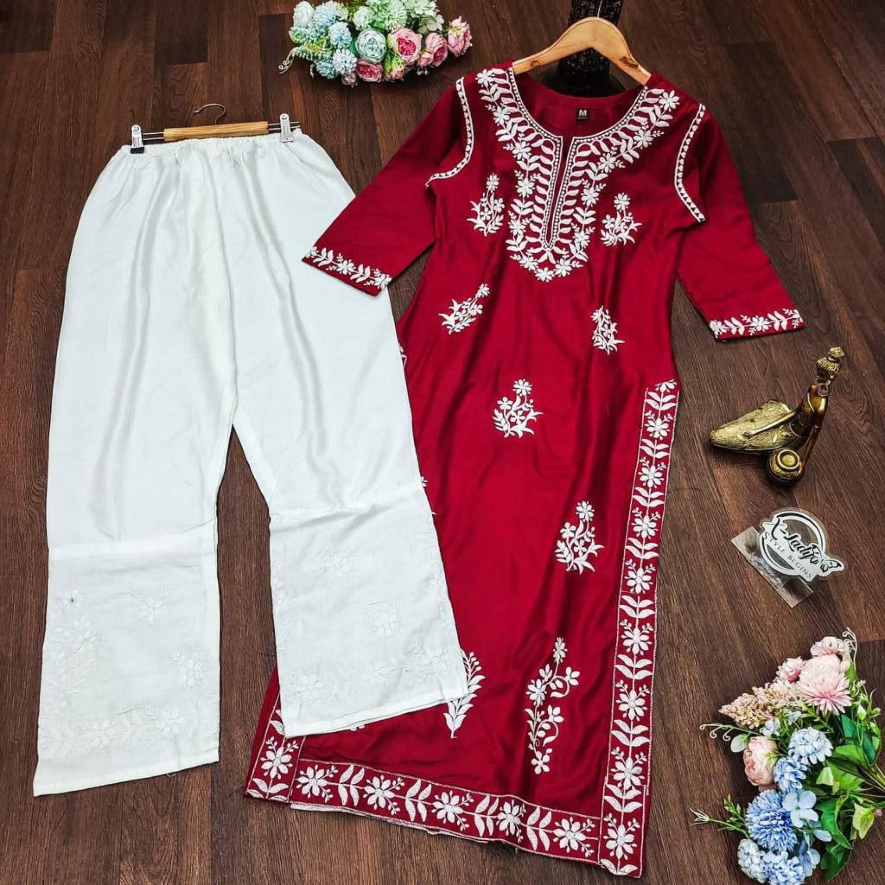 Rayon Cotton Chikankari Work Kurti Set | Traditional Elegance & Comfort - Femenica