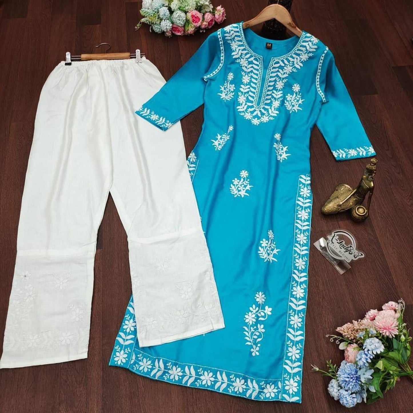 Rayon Cotton Chikankari Work Kurti Set | Traditional Elegance & Comfort - Femenica