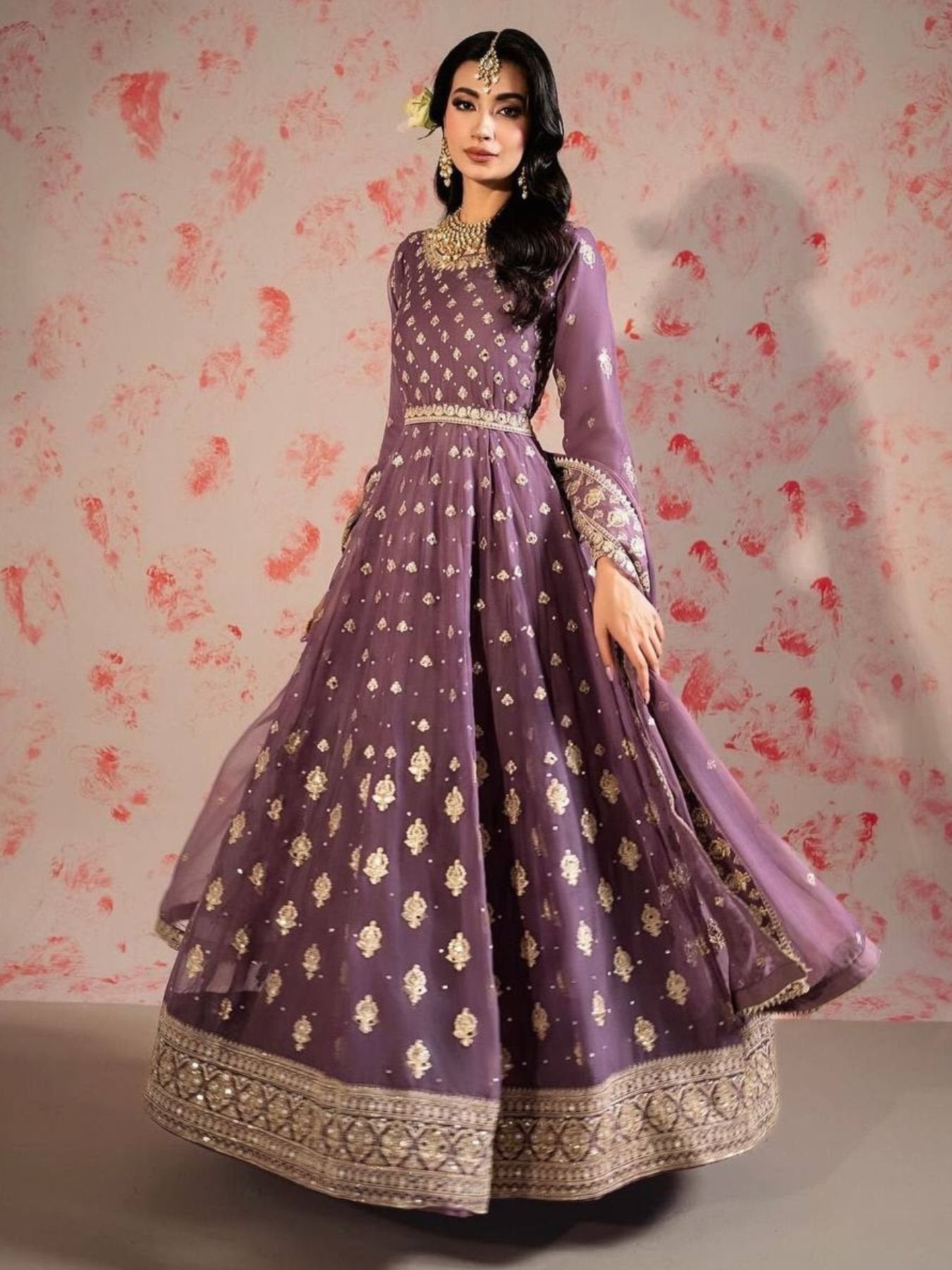 Purple Chinnon Silk Gown With Pant and Dupatta - Femenica