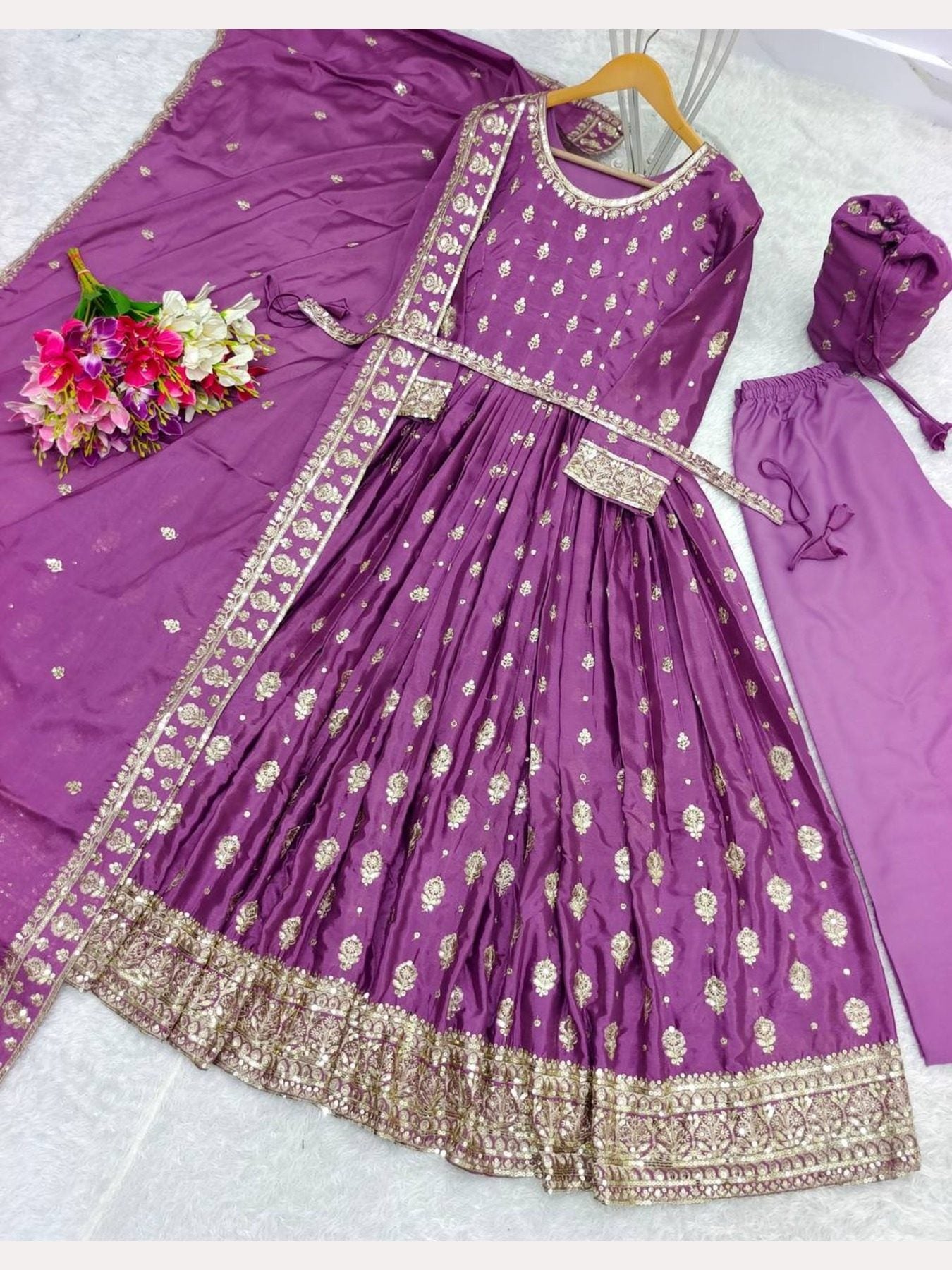 Purple Chinnon Silk Gown With Pant and Dupatta - Femenica