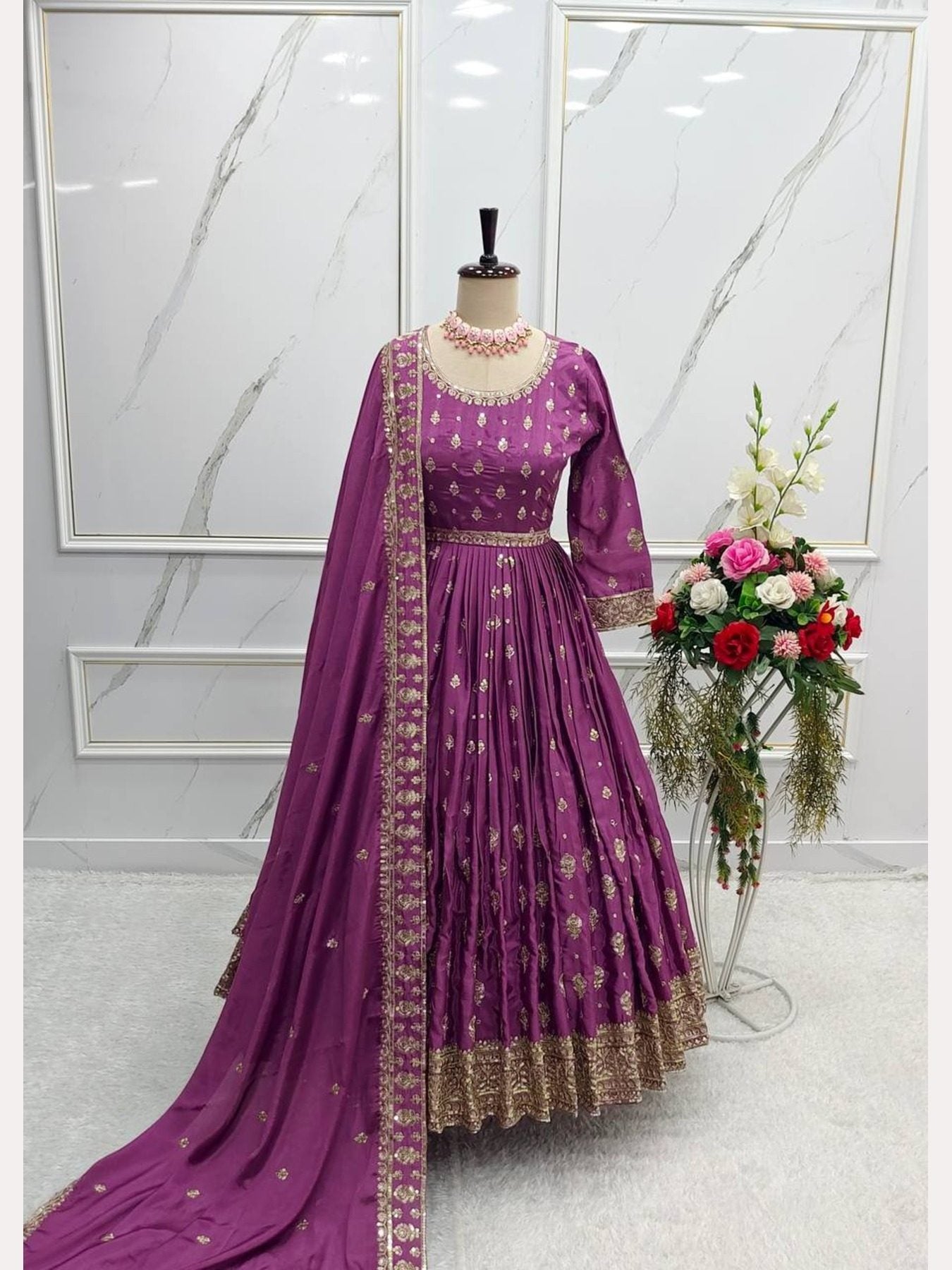 Purple Chinnon Silk Gown With Pant and Dupatta - Femenica