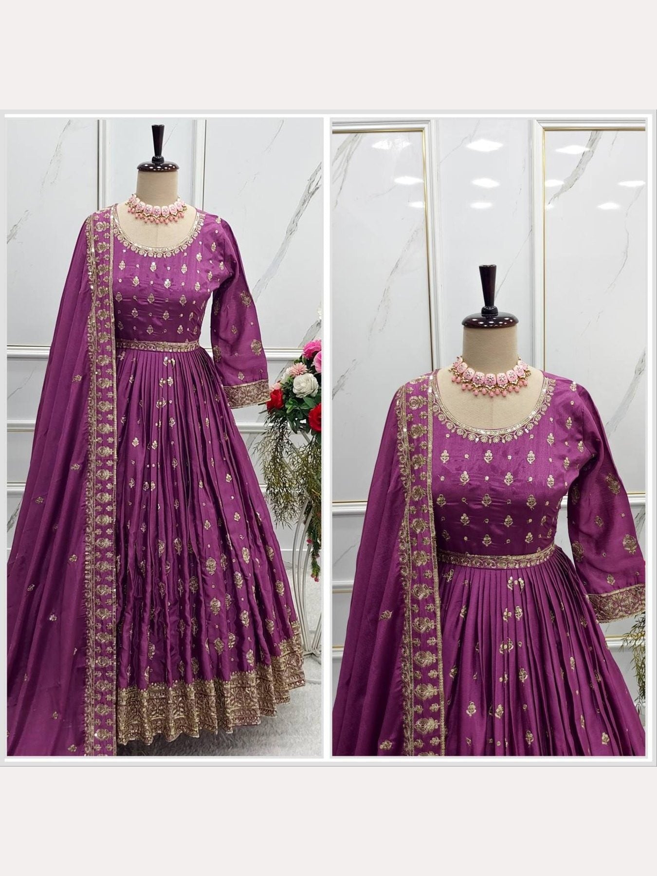 Purple Chinnon Silk Gown With Pant and Dupatta - Femenica