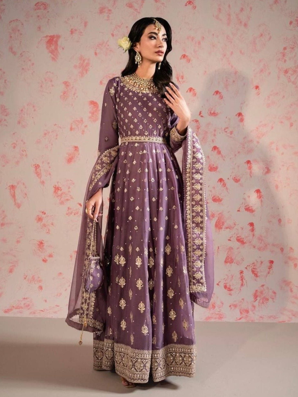 Purple Chinnon Silk Gown With Pant and Dupatta - Femenica