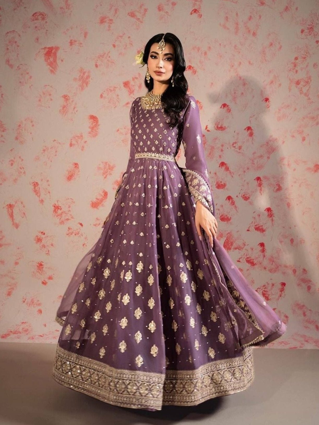 Purple Chinnon Silk Gown With Pant and Dupatta - Femenica