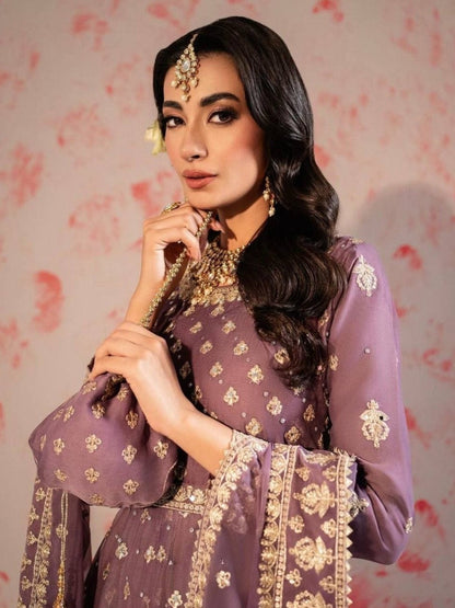 Purple Chinnon Silk Gown With Pant and Dupatta - Femenica