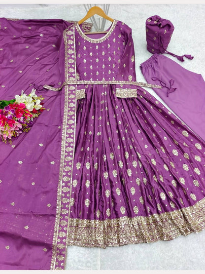 Purple Chinnon Silk Gown With Pant and Dupatta - Femenica