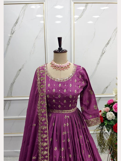 Purple Chinnon Silk Gown With Pant and Dupatta - Femenica