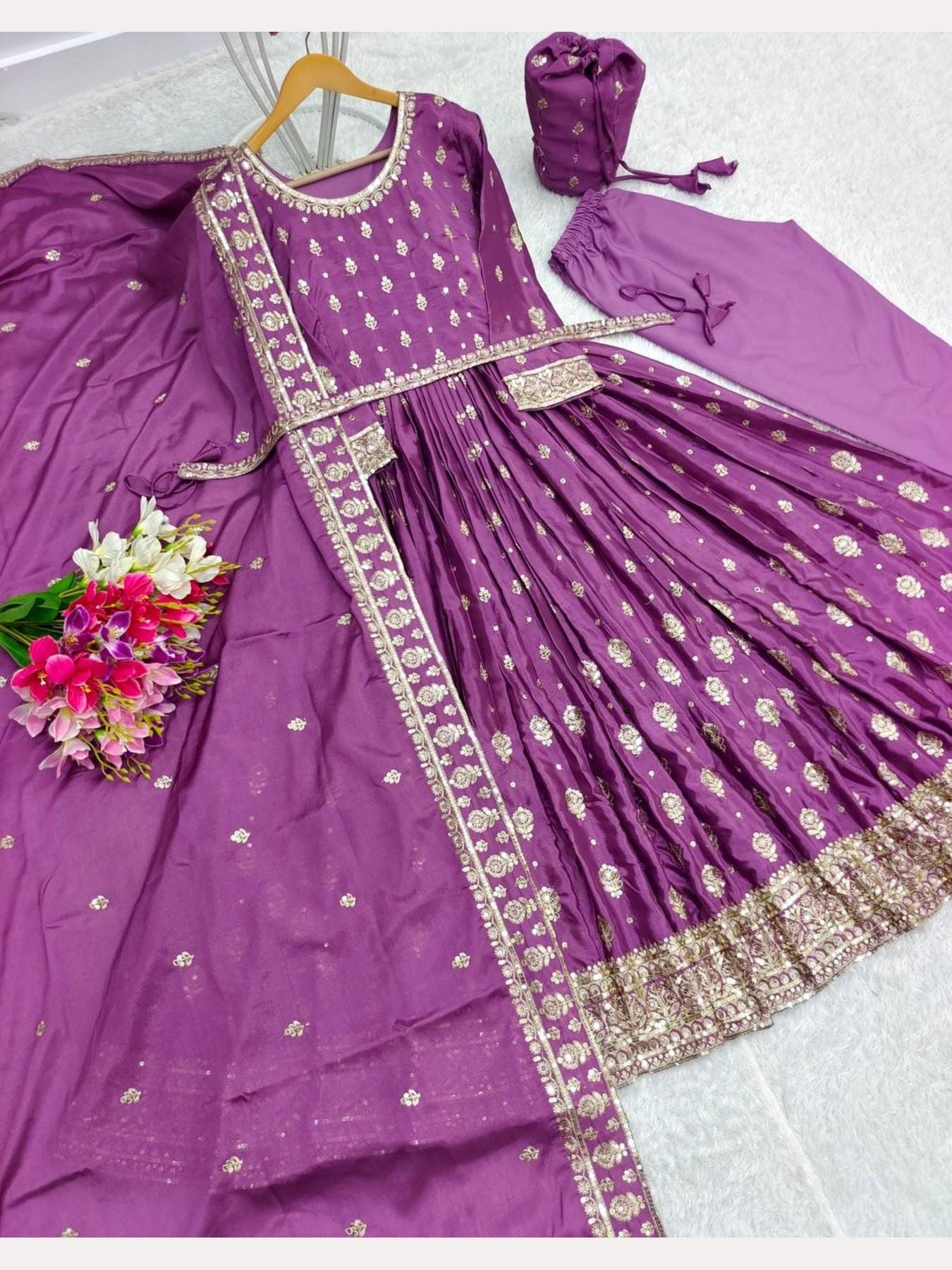 Purple Chinnon Silk Gown With Pant and Dupatta - Femenica