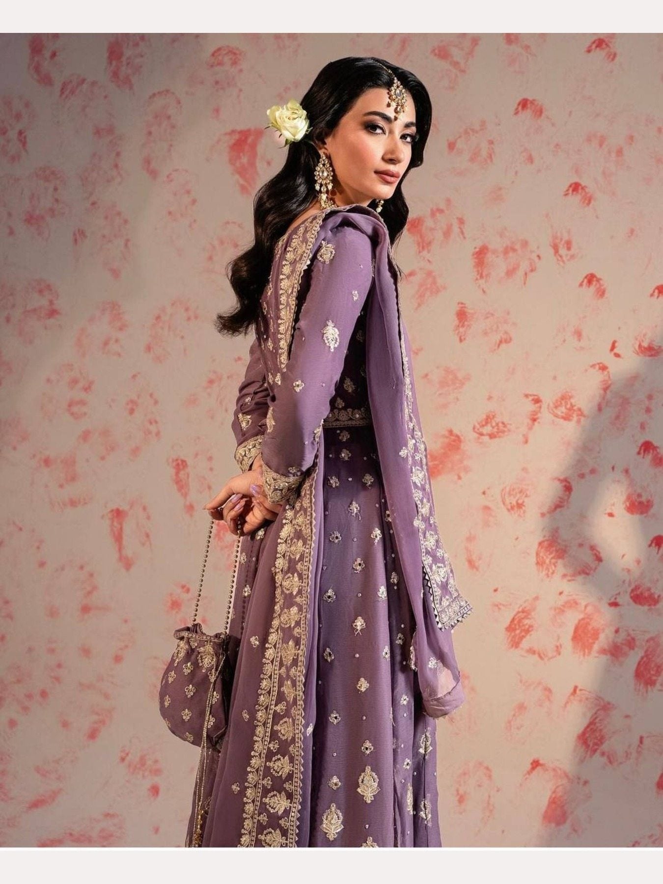 Purple Chinnon Silk Gown With Pant and Dupatta - Femenica